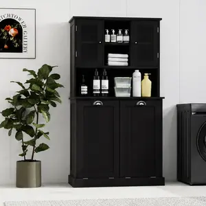 ARCH Tall Bathroom Floor Cabinet with Tilt-Out Laundry Hamper, Two-Compartment Dirty Laundry Storage Cabinet with 2 Adjustable Shelves, Removable Cloth Bags, MDF, Black, 59.69 H x 14.57 W x 32.68 D Inches, Black Color Options, MDF Material