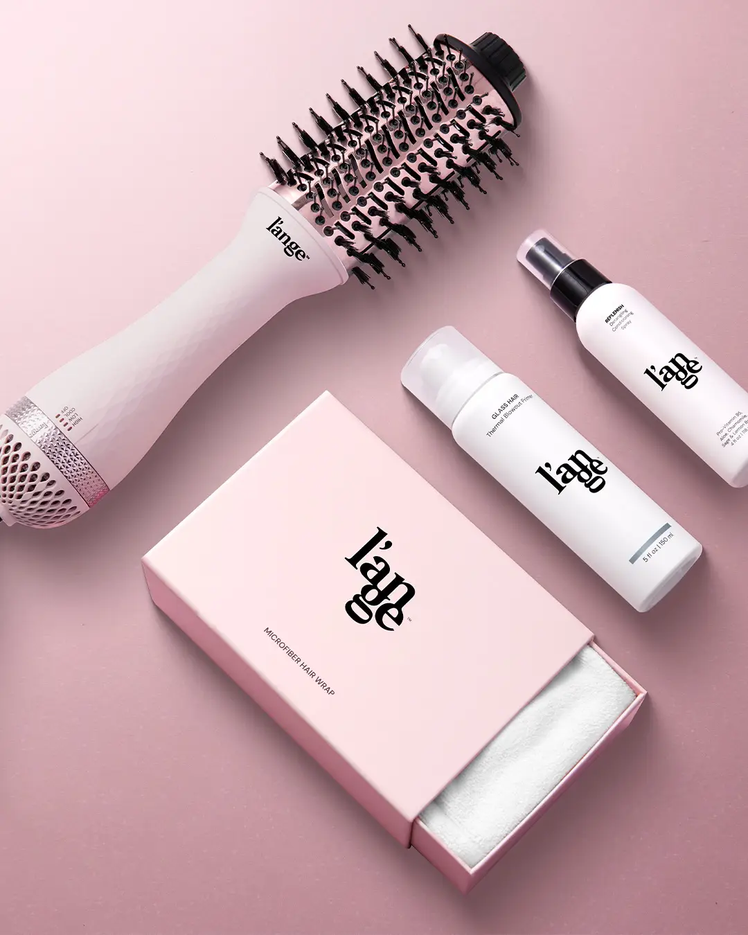 NEW! L’ange Blow All Out Value Set - Le Volume 2-in-1 Titanium Brush Dryer, Hair Wrap Towel Gentle Microfiber, Glass Hair Thermal Blowout Primer, Répl