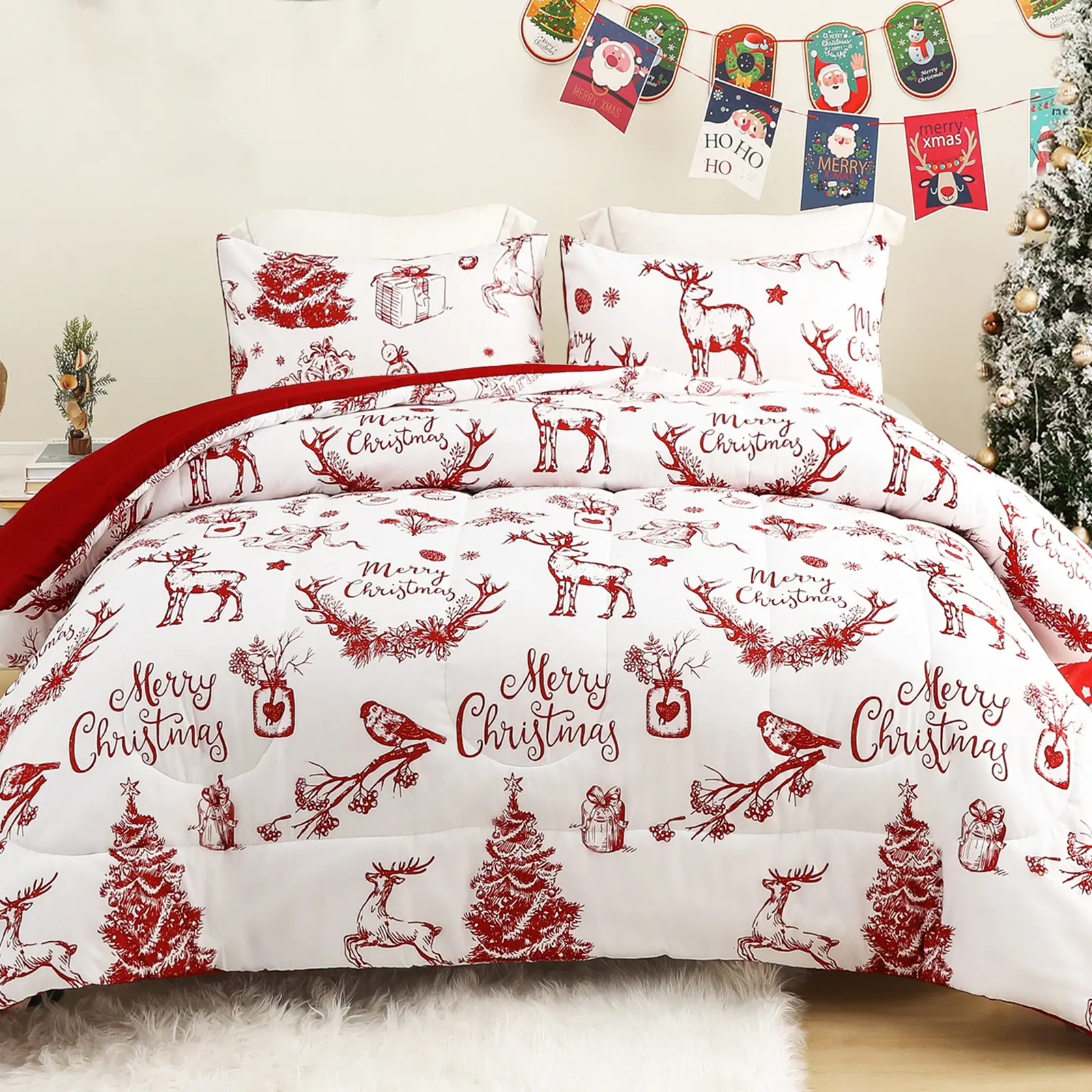 Exclusivo Mezcla Christmas Comforter Set With Rusd Red Printed, Patchwork, Striped Pattern, 3 Pieces Reversible Winter Bedding Comforters For King/Queen Size,2 Pieces For Twin size For All Season