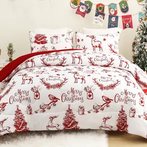 Exclusivo Mezcla Christmas Comforter Set With Rusd Red Printed, Patchwork, Striped Pattern, 3 Pieces Reversible Winter Bedding Comforters For King/Queen Size,2 Pieces For Twin size For All Season