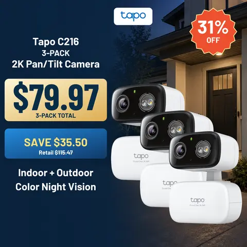 TP-Link & Tapo C216(3-pack) 2K Pan/Tilt Indoor/Outdoor Security Camera  with AI Detection, Baby Cry Detect, Motion Tracking, Color Night Vision, 360° Pan/Tilt, No Subscription, Alexa & Google Compatible  #SummerWins #DealsForYouDays