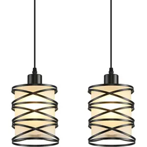 2 Pack Pendant Light Kitchen  Pendant Lighting, Hanging Light with Spiral Cage Frosted Glass Shade, Black Modern Indoor Hanging Lamp for Dining Room Kitchen