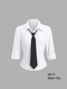 Women's Simple Casual Shirt Blouse, Seven-Quarter Sleeve, Waist-Fitted Design, Fashionable Tie Included, Campus Wear or Office Commute