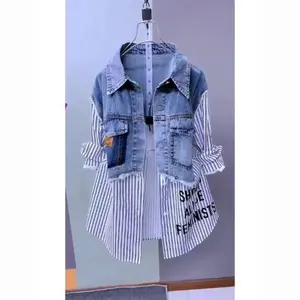 Women Denim Jacket Fake Two Denim Shirts 2025 New Spring Summer Autumn Casual Fashion Joker Stitching Striped Tops Coat Female Womenswear Light Baggy Long Sleeve jean jackets women Comfort Outerwear Collared Fitted Loose