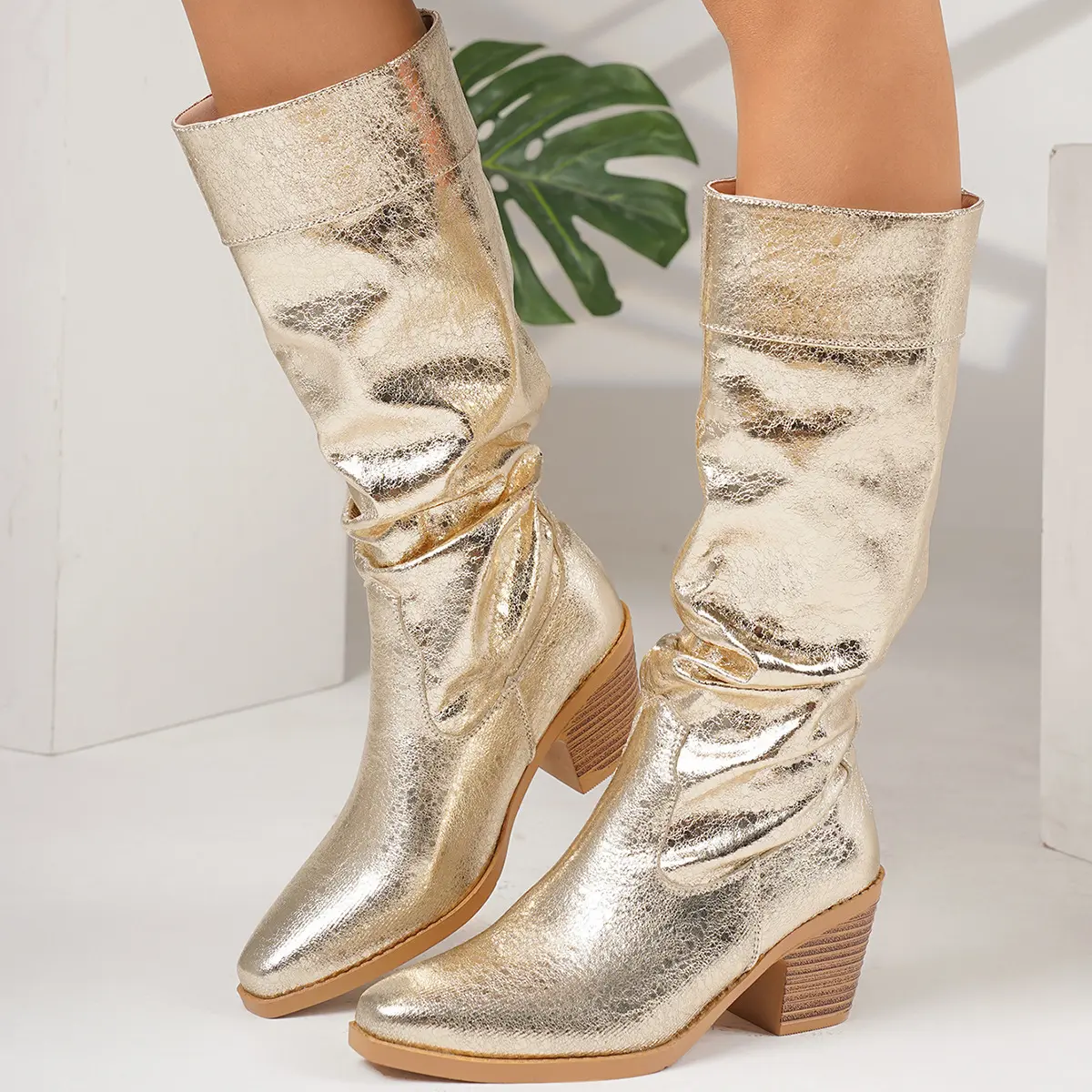 Women's Golden Metal Chunky Mid-Heel Boots - Shiny Statement Round Toe Calf Boots with Block Heel, Slip-On  for Music Festivals, Parties & Night Out - Winter Bootwear (Hand Washable)