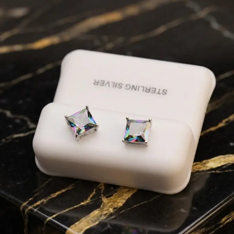 Mystic Topaz Cz Earrings Square Princess Cut 925 Sterling Silver