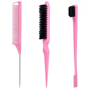 Pink Slick Back Hair Brush - Rat Tail Comb for Hair Parting, Teasing Comb for Enhancing Volume and Fullness, Edge Brush for Controlling Flyaways