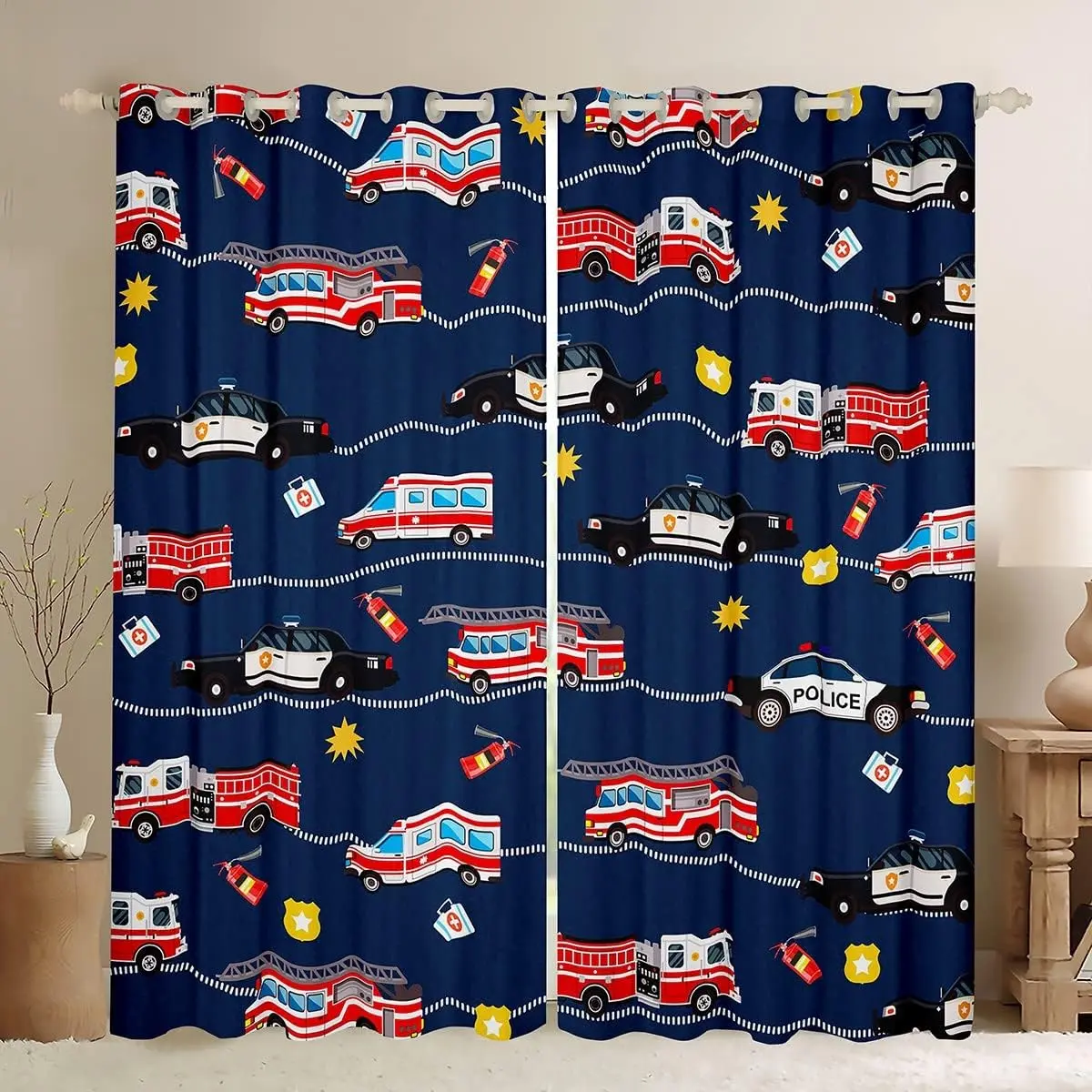 Feelyou Firefighter Character-Themed All-Over Print Dark-Colored Velvet Curtains - 30%-50% Blackout Home Decoration Drapes with Fire Truck, Police Car, Ambulance Prints (2 Panels, 42x63 in), All-Over Print Curtains, Character-Themed Curtains