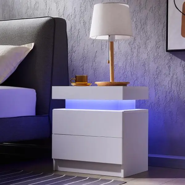 Nightstand LED Bedside Table Cabinet Lights Modern End Side with 2 Drawers for Bedroom (White) Furniture Design Minimal Storage