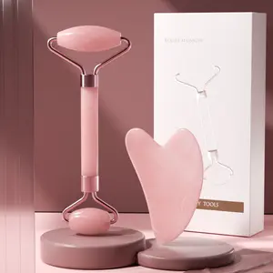 Rose Quartz & Jade Facial Roller with Gua Sha Tool – Ergonomic beauty set for face & eyes to smooth wrinkles & rejuvenate skin – Spa quality at home
