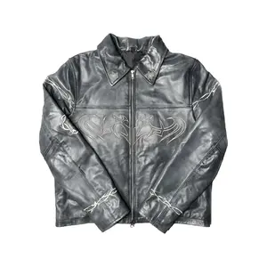 Elisium Opus 1 Premium Leather Jacket Platinum Grey with Silver Embroidery, Genuine Lambskin Leather, Opulent Silver Zipper, Handcrafted Style