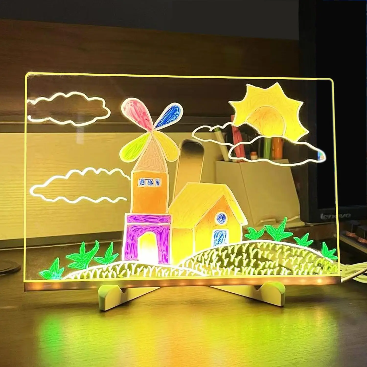 LED Note Board with Colors, Acrylic Dry Erase Board with Light, Led Light Up, Led Backlight, Glowing LED Drawing Board for Kids, 7 Color Markers for Office School Home