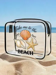 PVC Waterproof Beach Bag, Letter Print Design, Seashell & Starfish Decoration, Ideal for Beachwear Essentials, Durable Material