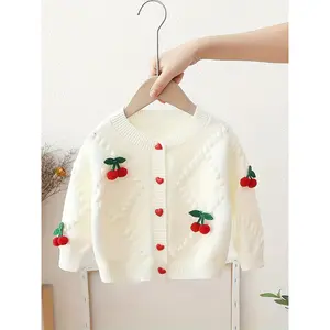 New Stylish Knitted Cardigan for Girls, Autumn And Winter Collection, Korean Version Baby Sweater, Children'S Cherry Sweater Jacket