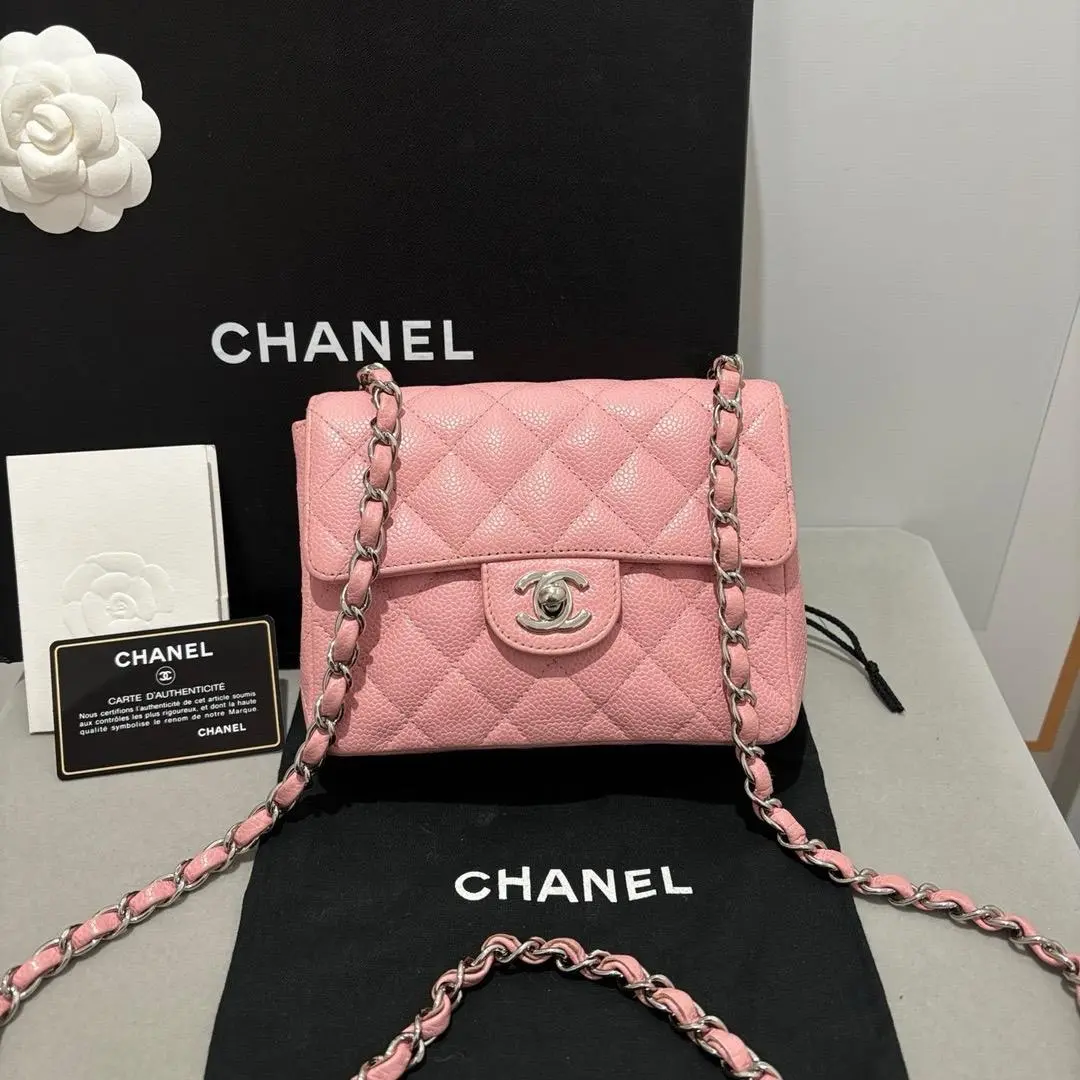 Pre-owned Chanel 2003 2004 Sakura Pink Caviar Mini Square Classic Single Flap with Silver Hardware SC161