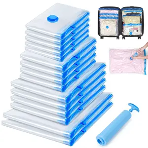 Travel Vacuum Bags with Manual Pump(15Pcs),Sealed Waterproof & Dustproof Compression Organiser Packaging Bag for Clothes, Bedding, Blankets, Luggage & Moving,Saving Outdoor Travel Space,Easy to Carry