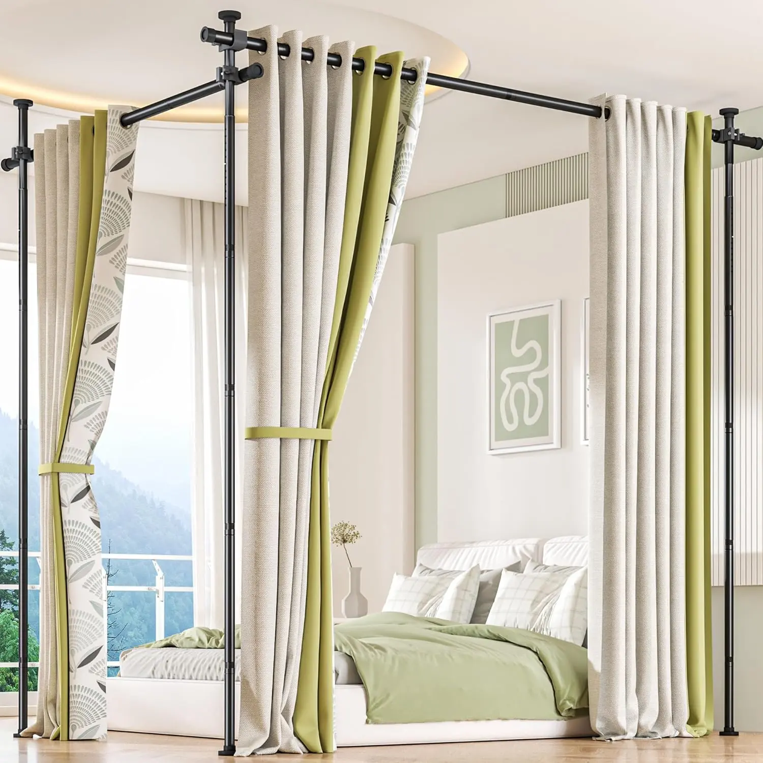 Heavy-Duty Durable Steel Frame Tension Curtain Rod with No-Slip Base, No-Drilling Easy Installation, Adjustable 30-147in W & 4ft-10ft H, Privacy Focus Room Division for Bathroom, Office, Living Room (Black)