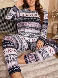 Autumn Boho Vintage Print Long Sleeve Top & Pants Set, Plus Size Casual Home Wear, Women's Comfortable Fabric