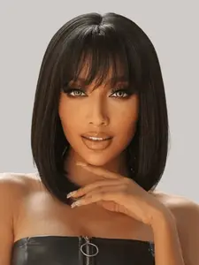 Women's Human Hair Wig with Bangs, 180% Density, Short Bob Cut, Glue-Free Machine-Knitted, 8 Inches, Available in 1b#, 4#, 99j#, No Lace, Glueless Bob Wigs