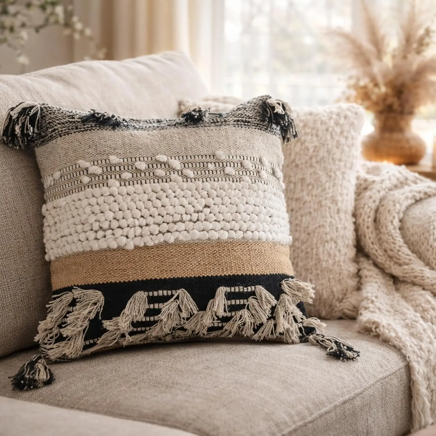 Throw Boho Pillow Cover, 18"x18" Bohemian Moroccan Rustic Decorative Pillows with Tufted Accents, Plush Handwoven , Textured Woven Neutral  Scandinavian  Decor