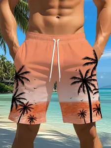 Summer Cool Fashion Hawaiian Tropical Palm Tree Gradient Print Casual Comfortable Shorts, Loose Fit, Drawstring Waist, Beachwear