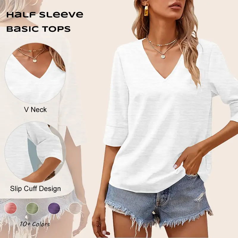 Imily Bela Women Fashion Half Sleeve V-Neck T-Shirt Solid Loose Basic Top