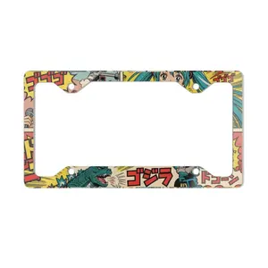 Limited Edition Hatsune MIku & G0dzilla License Plate Frame, Retro Japanese Manga Comic Book Style Anime Car Accessory