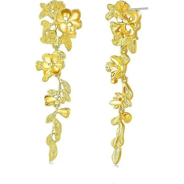 SNGIA 18K Gold Plated Floral Dangle Earrings for Women Large Chunky Statement Drop Earrings with Intricate Floral Design