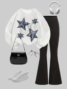 Stylish Girls Long Sleeve Graphic Star Chain Print Tee with Casual Wide Leg Pants, Trendy Two Piece Set Outfit for Spring & Fall, Perfect for Everyday and Parties