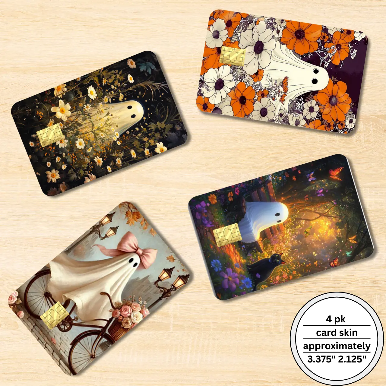 4 Pack Cute Spooky Ghost Floral Holographic Card Skins, 3.375in x 2.125in Waterproof Vinyl Office Stationery, Scratch-Resistant, Removable, No Sticky Residue, Easy Peel & Stick