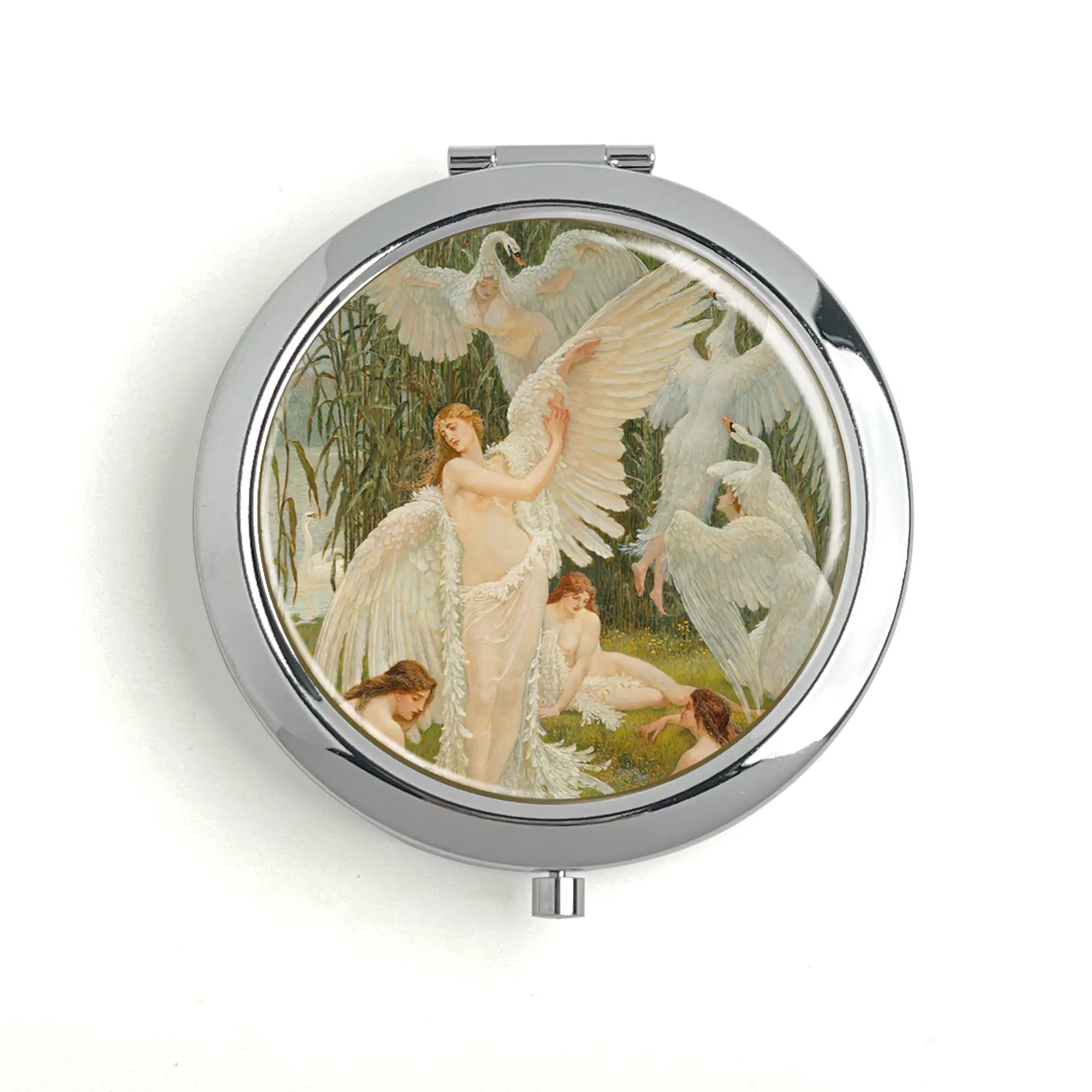 Swan Maidens Pill Box Travel Pill Box Vitamin Storage Box Metal Makeup Mirror with Unique Design 70mm Diameter