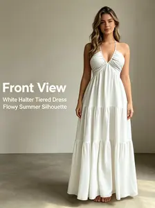 Women's Backless Halter Neck Maxi Dress | Deep V Layered Cake Flare Sundress | French Vacation Casual Elegant Summer Dress for Daily/Outdoor Wear women pink Ruffle Hem beach girl quinceanera blue violet harmon sleeveless