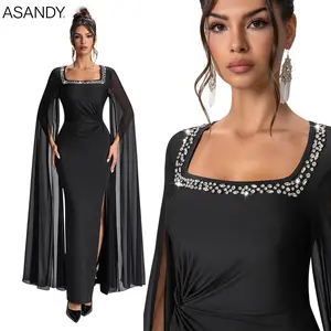 Black Rhinestone Square Neck Cape Sleeve Maxi Dress - Fitted High Slit Elegant Gown for Wedding Guest Evening Gala Date Night