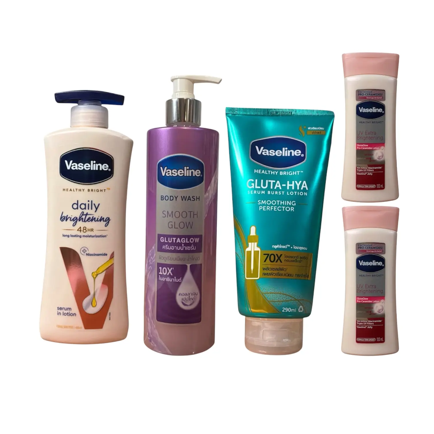 Vaseline Daily Brightening Serum (400mL) - Smooth Glow Body Wash (425g) - Gluta-Hya Smoothing Perfector (290mL) with 2 Free UV Extra Brightening Product
