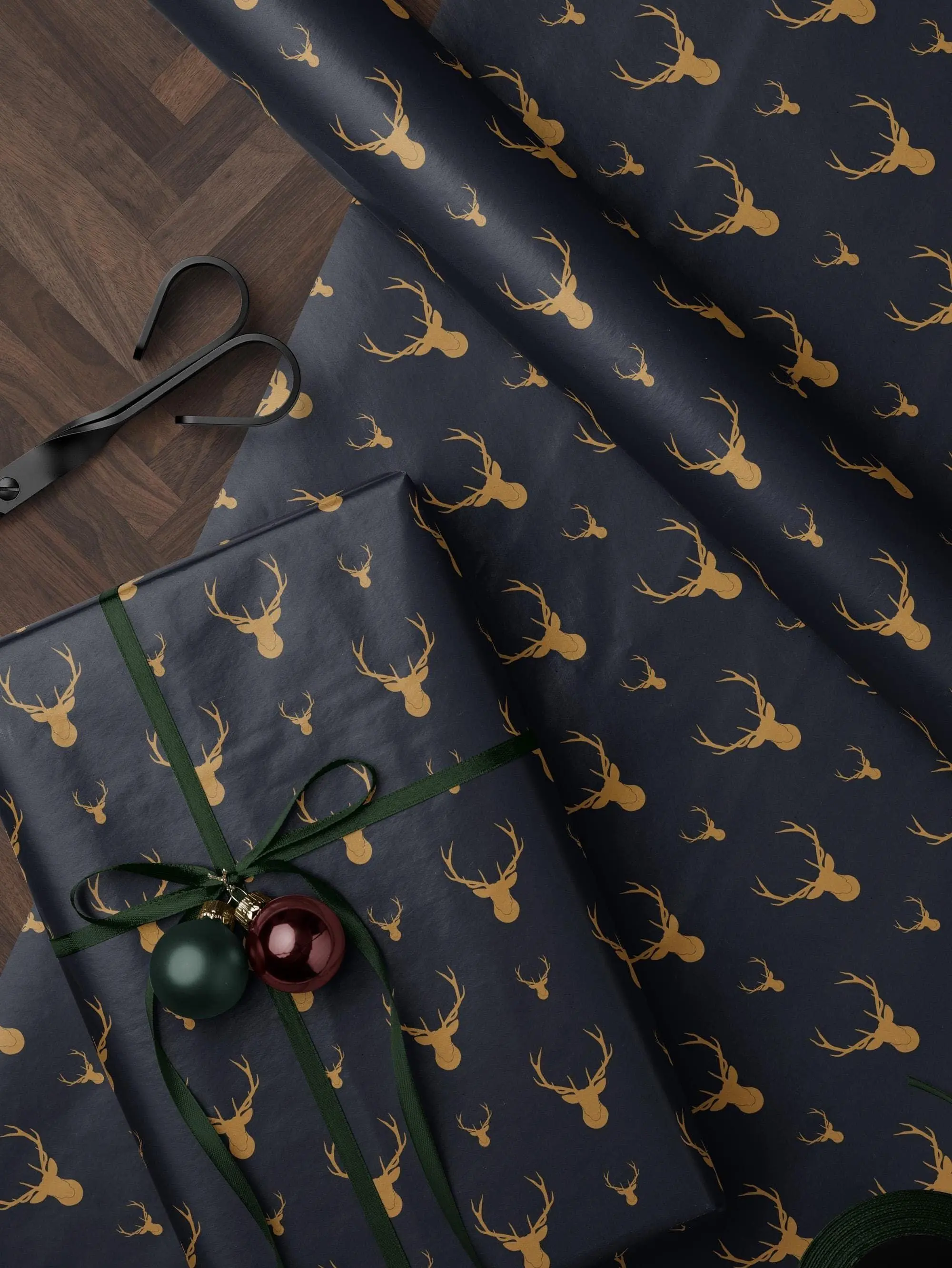 Gold Deer Gift Wrap Christmas Deer Wrapping Paper Masculine Christmas Present for Him Stag Christmas Wrap Blue - Decorative Rolls for Presents and Celebrations