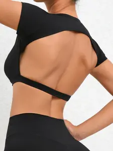 Women's Solid Backless Crop Sports Tee, Breathable Comfortable Sports T-shirt, Ladies Sportswear for Indoor Outdoor Wear
