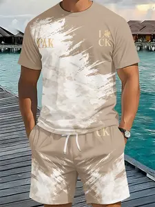 Khaki-white gradient brush stroke simple printed 3D digital printing two-piece set, 2Pcs, trendy fashion suit, trendy retro casual two-piece outfit, vacation-style trendy wear, breathable sports casual style, perfect holiday gift for men