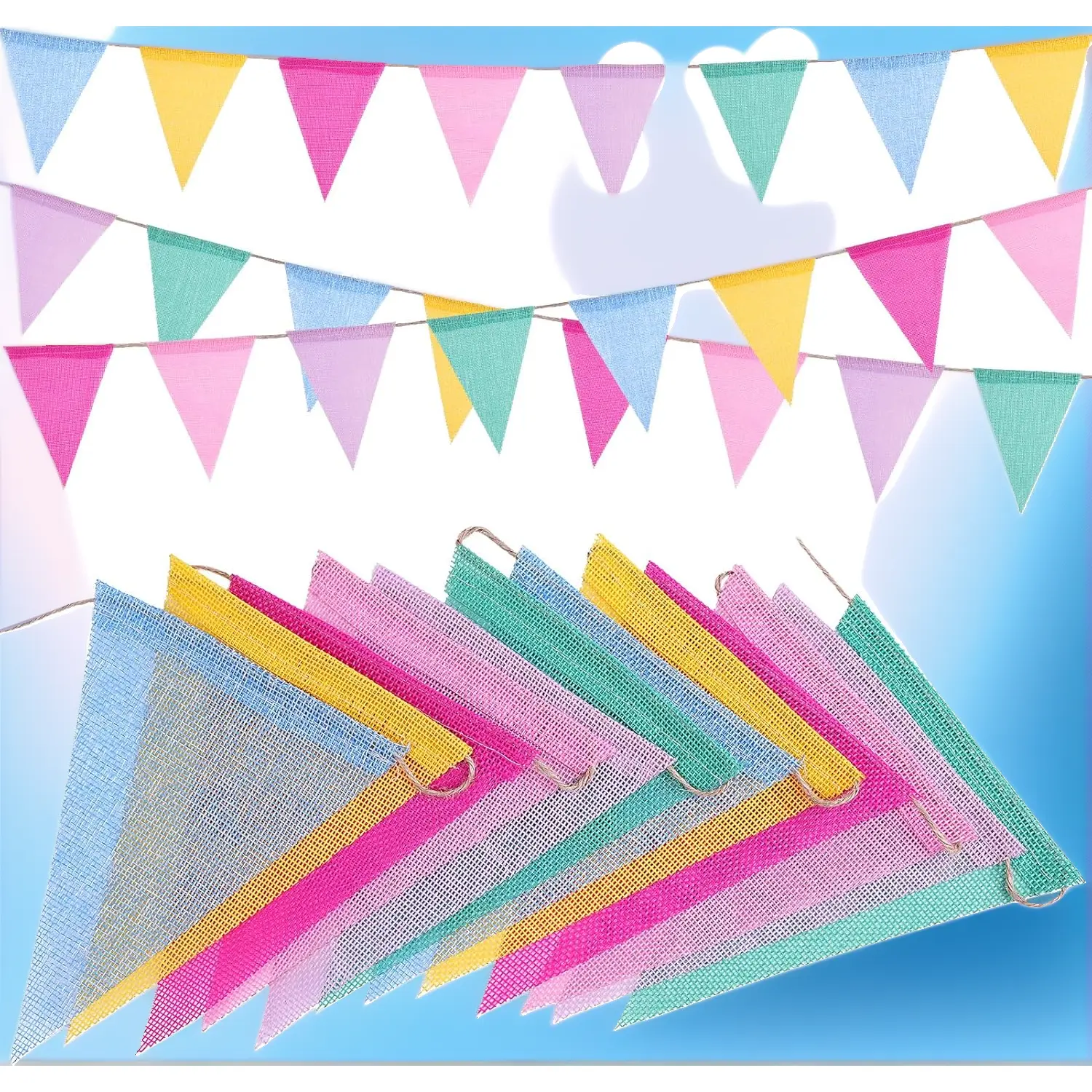 48PCS Rainbow Hues Triangle Bunting Banner Flags with 4 Jute Strings - Hangable Pennant Garland for Happy Birthday Decor, Phone Straps & Charms Accessory