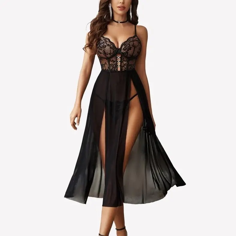 Avidlove Women's Lace Mesh Nightgown, V-Neck Side Split Sleepwear for Honeymoon, Anniversary Occasions