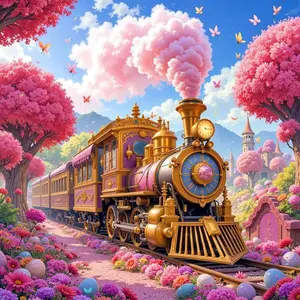 1 set of DIY diamond painting kit, 5D diamond art kit, DIY decoration train, pink tree, butterfly. Mosaic, diamond art, DIY art home decoration.