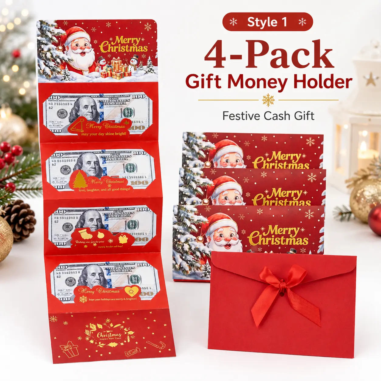 [4 Pack]Christmas Dollar Folding Red Envelopes Gold Stamping Gift Pack with 6Slot DIY Holiday Cash Envelopes for Party Festive Decorations Money Birthday Cards with Envelopes Surprise Birthday Gifts Valentine's Day Gifts Christmas Gifts Party Supplies