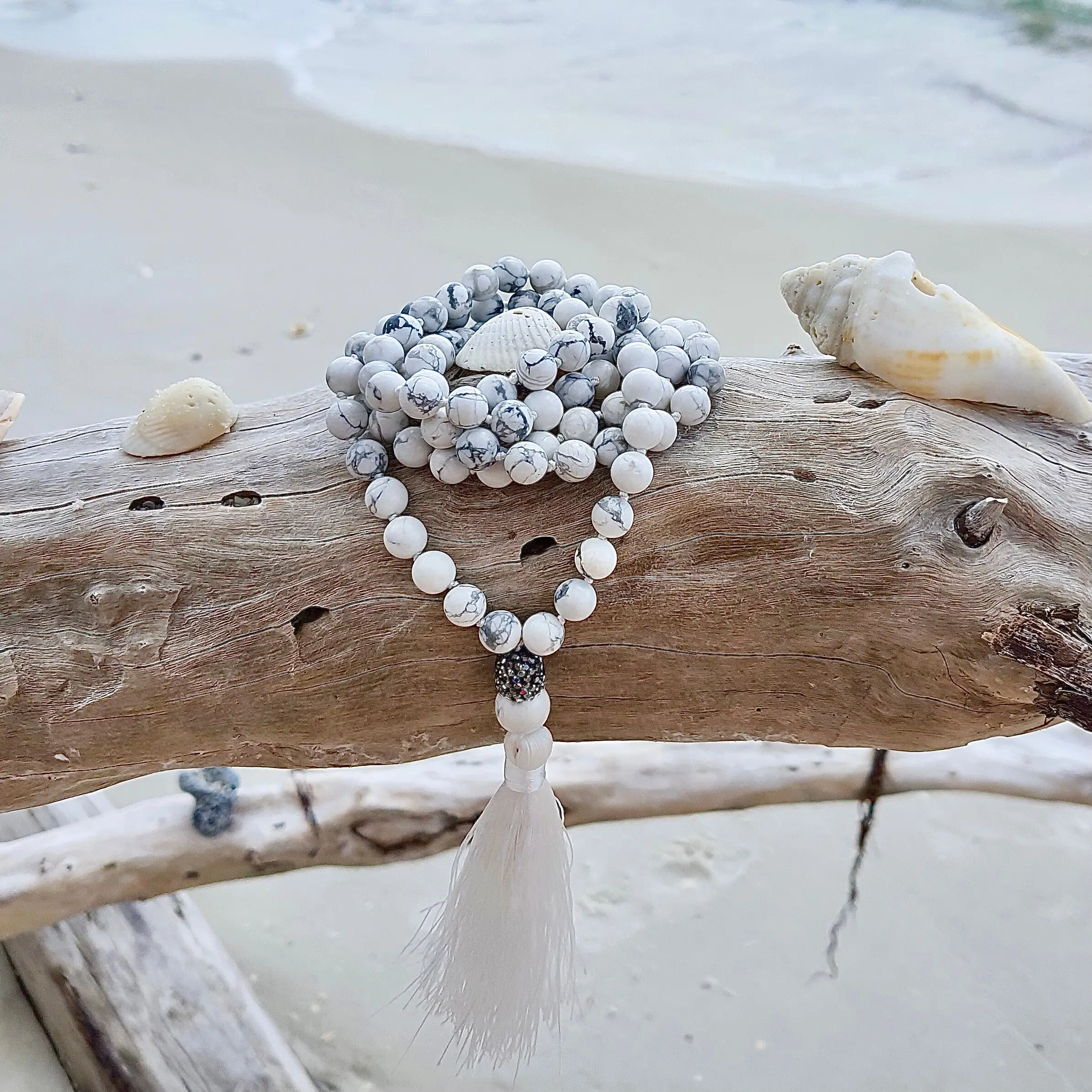 Natural Howlite Stone Mala 108 Beads Knot with Silver Tassel. Jewelry, Calming Third Eye Crystals. Meditation Beads. Roxxy Crystals