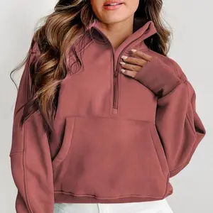 Women's Bonbon Fleece Lined Zip Up Stand Collar Thumbhole Sleeve Sweatshirt