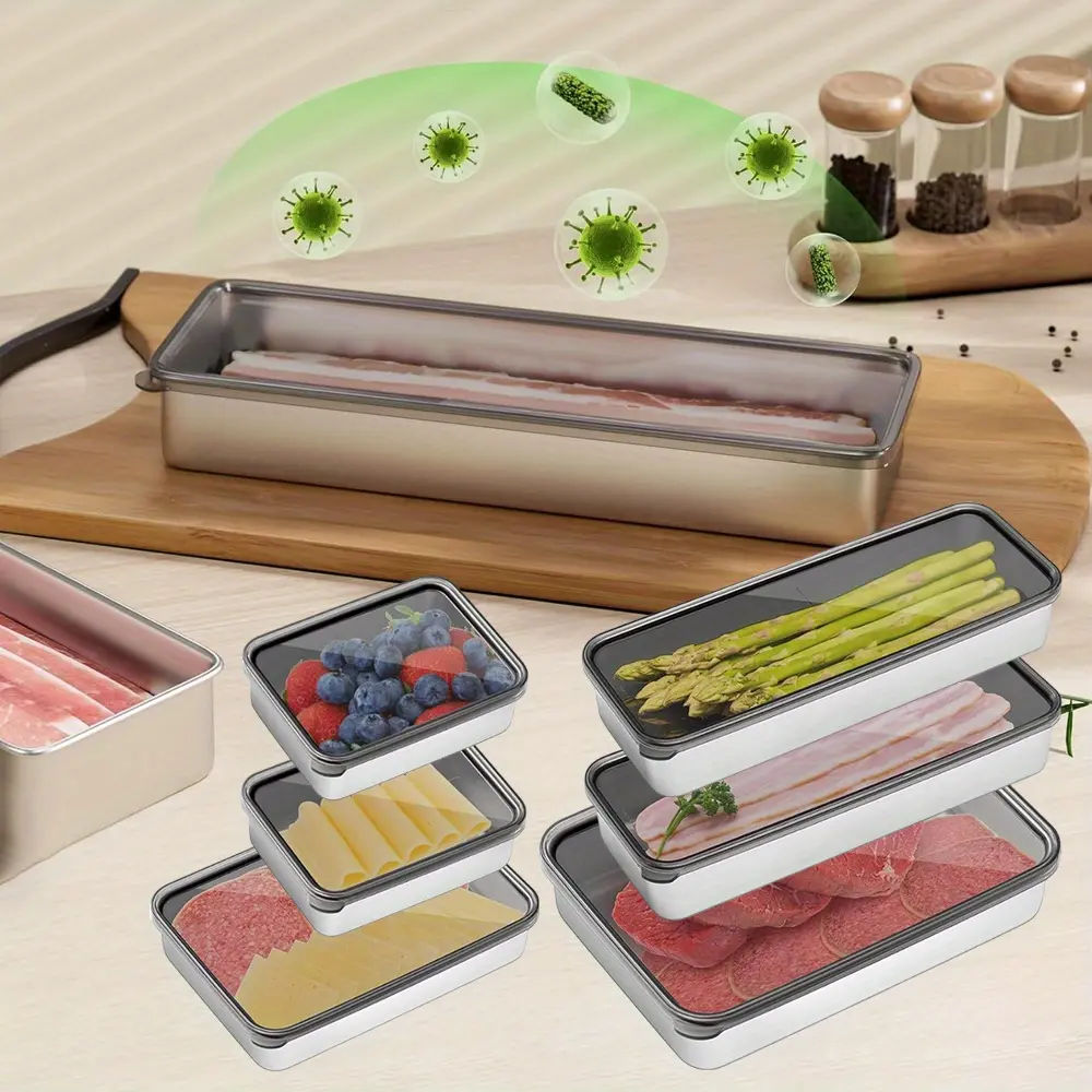 6Pcs Bacon Container for Refrigerator, Bacon holder for refrigerator,Bacon Storage Container 304 Stainless Steel Sealed Food Storage Container with Clear Lid and Non-Slip Bottom,Deli Containers (4 Sizes) - Home Improvement.