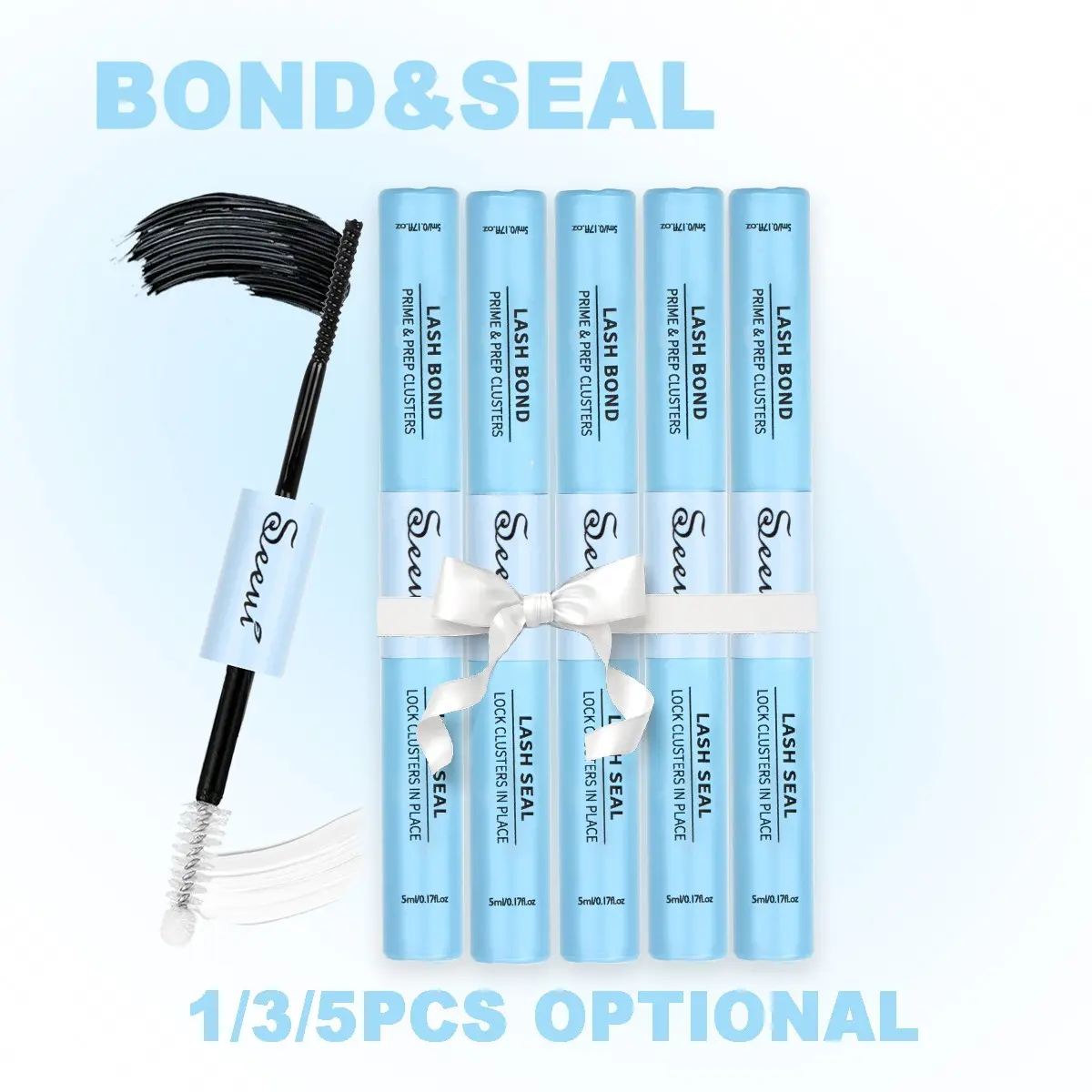 5Pcs/1Pc Waterproof Eyelash Bond&Seal, 2-in-1 Lash Glue Set, Eyelash Fixer, Cosmetic, Clusters, Formaldehyde-Free Eyelash Glue for Sensitive Eyes, Non-Irritating, Strong Hold Eyelash Glue, Long-Lasting Up to 72H+, Makeup Product, Bond Seal Lashes(5ml+5ml)