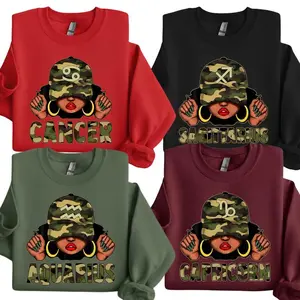 Girl Magic Camouflage Zodiac Sweatshirt, Camo Astrology Sign Crewneck for Women, Cancer Sagittarius Aquarius Capricorn Horoscope Pullover Gift - AG