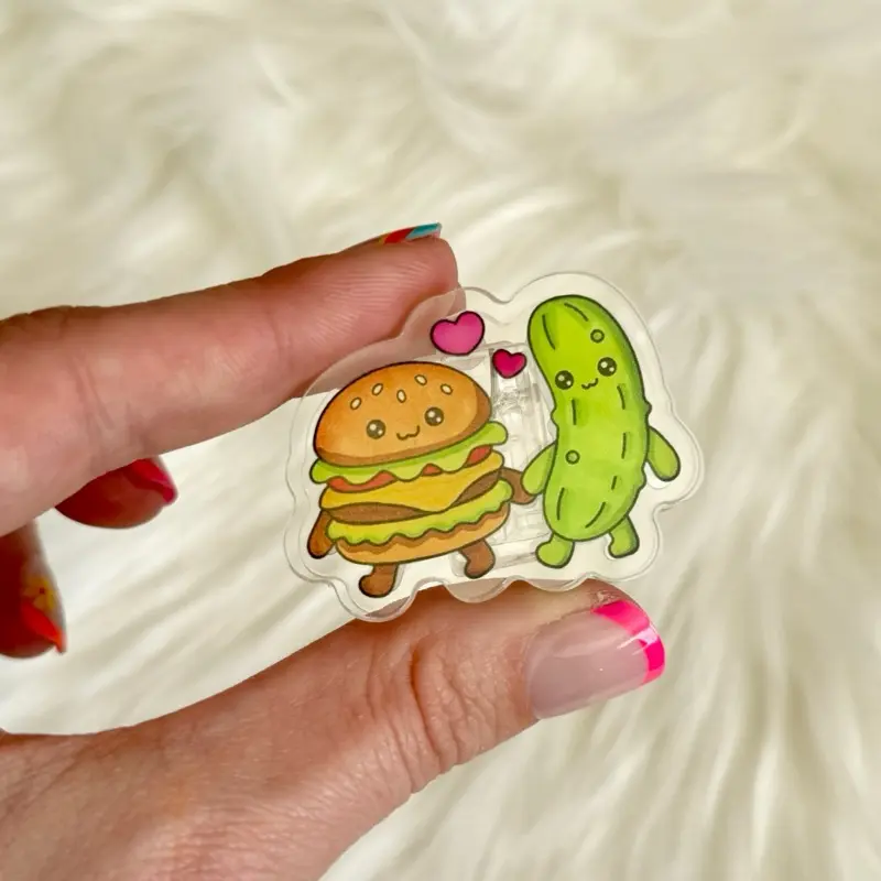 Cute BFF Pickle & Hamburger Acrylic Page Clip, Book Accessories for Coloring Books - Protective Paper Clip Bookmark Sticker Badge