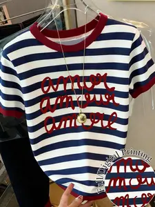 New Summer Autumn Women's Short Sleeve T-Shirt, Blue Striped Knit Top, Loose Fit Digital Print, Versatile Outerwear
