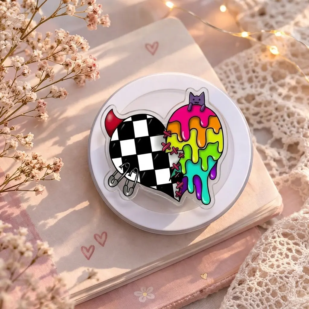 "Broken Heart" Punk Checkered Rainbow Phone Grip Clear Acrylic Griptok - Aesthetic Alt Grunge Cell Phone Stand Holder, Cute Emo Cat Stitch Heart Kindle Ereader Ring Accessory, Unique Gift for Edgy Teens