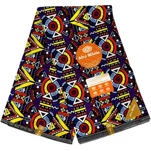 Premium Cotton Kitenge – Vibrant Geometric Patterns in Yellow, Red, Blue, and Black, 6 Yards Authentic African Cotton Fabric